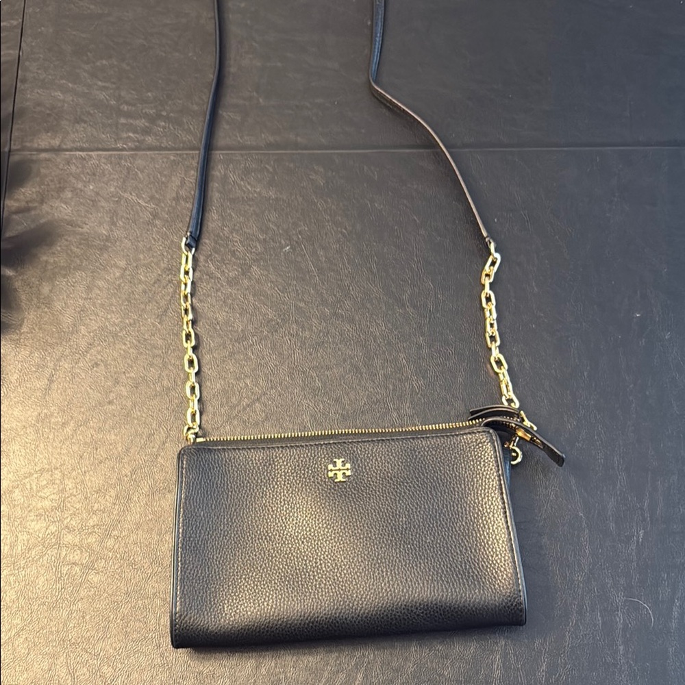 Black Leather Crossbody Bag with Gold Chain Accent